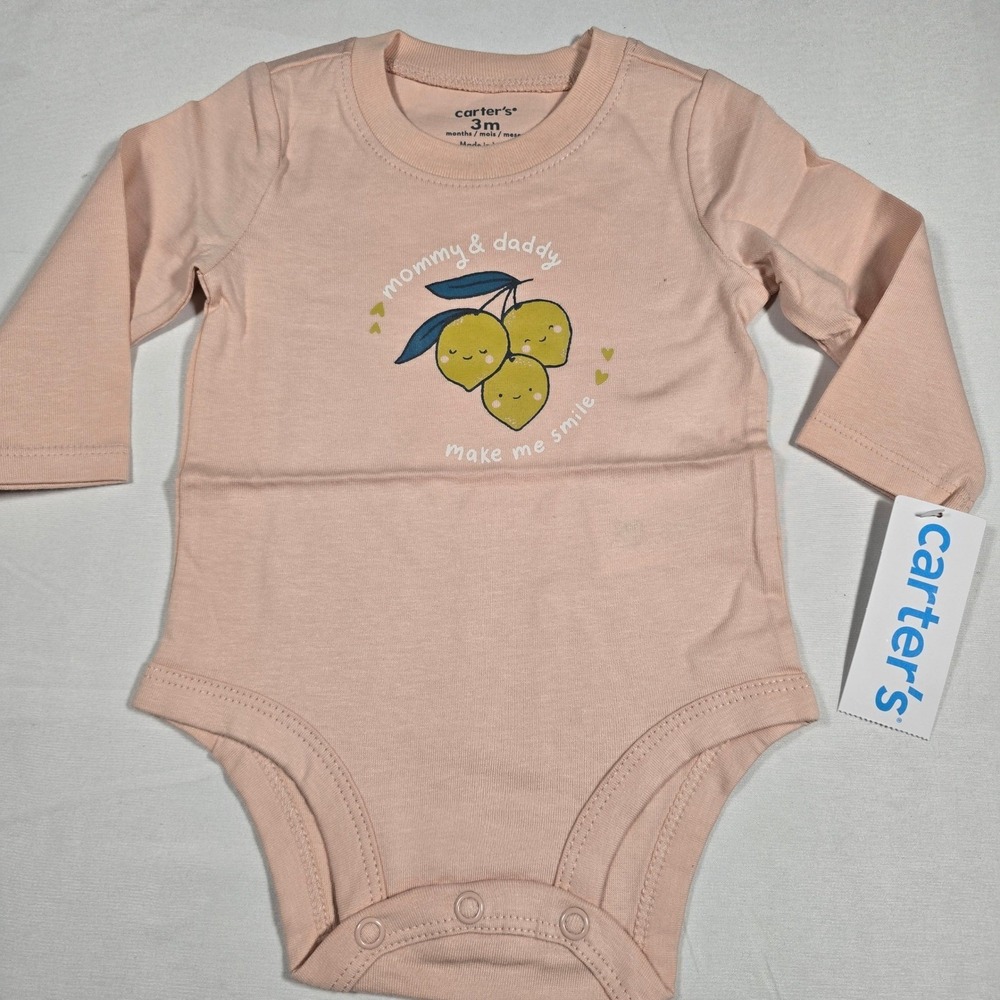 Carters Baby Girls Long Sleeve Bodsuit Peach Pink Lemon Mommy Daddy Smile 3M NWT